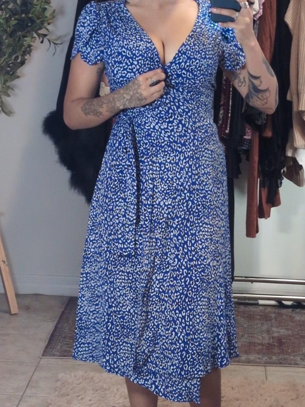 Free People Blue and White Leopard-Print Midi Wrap Dress